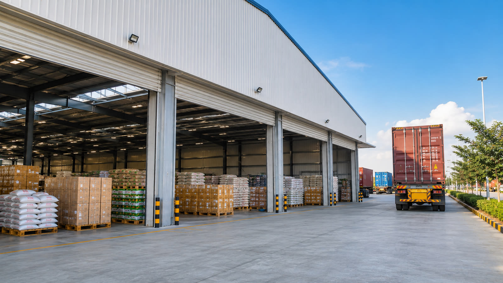 Welstars warehouse loading dock with stacked export goods and a truck