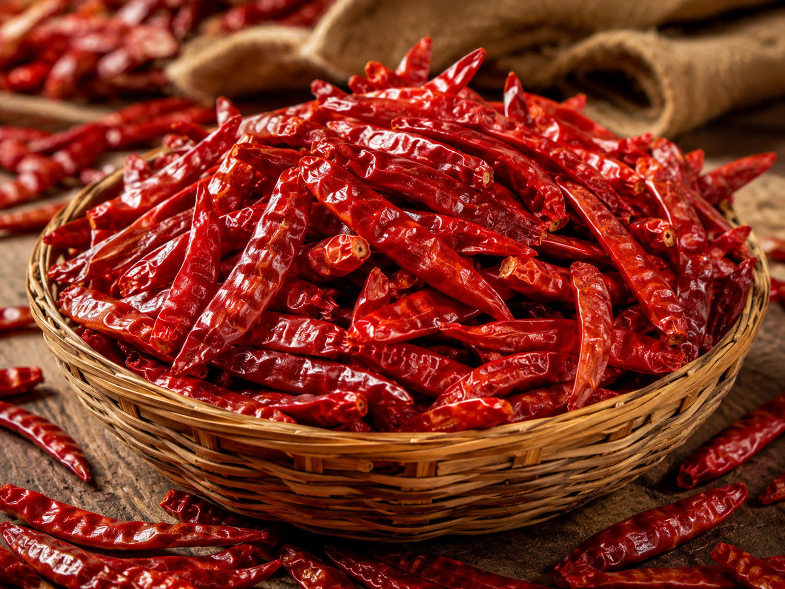 Sun-dried whole red chillies in a woven basket