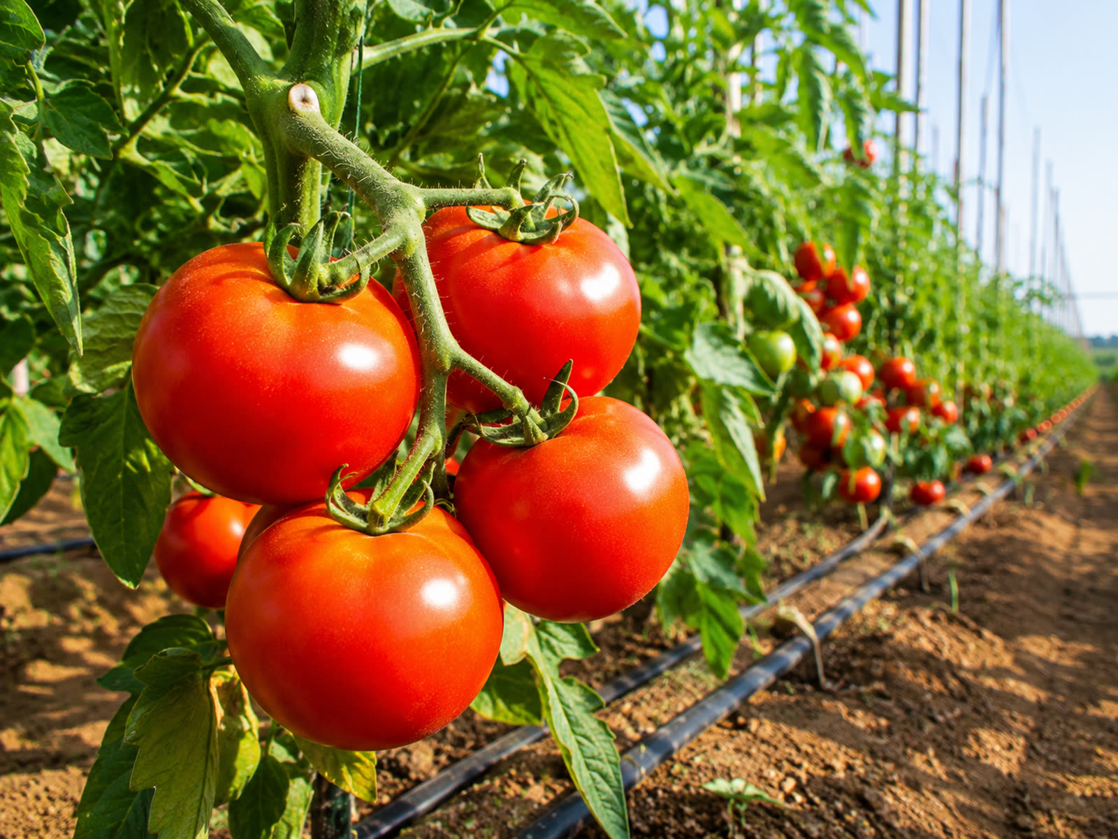 Fresh red tomatoes ripening on the vine in a farm